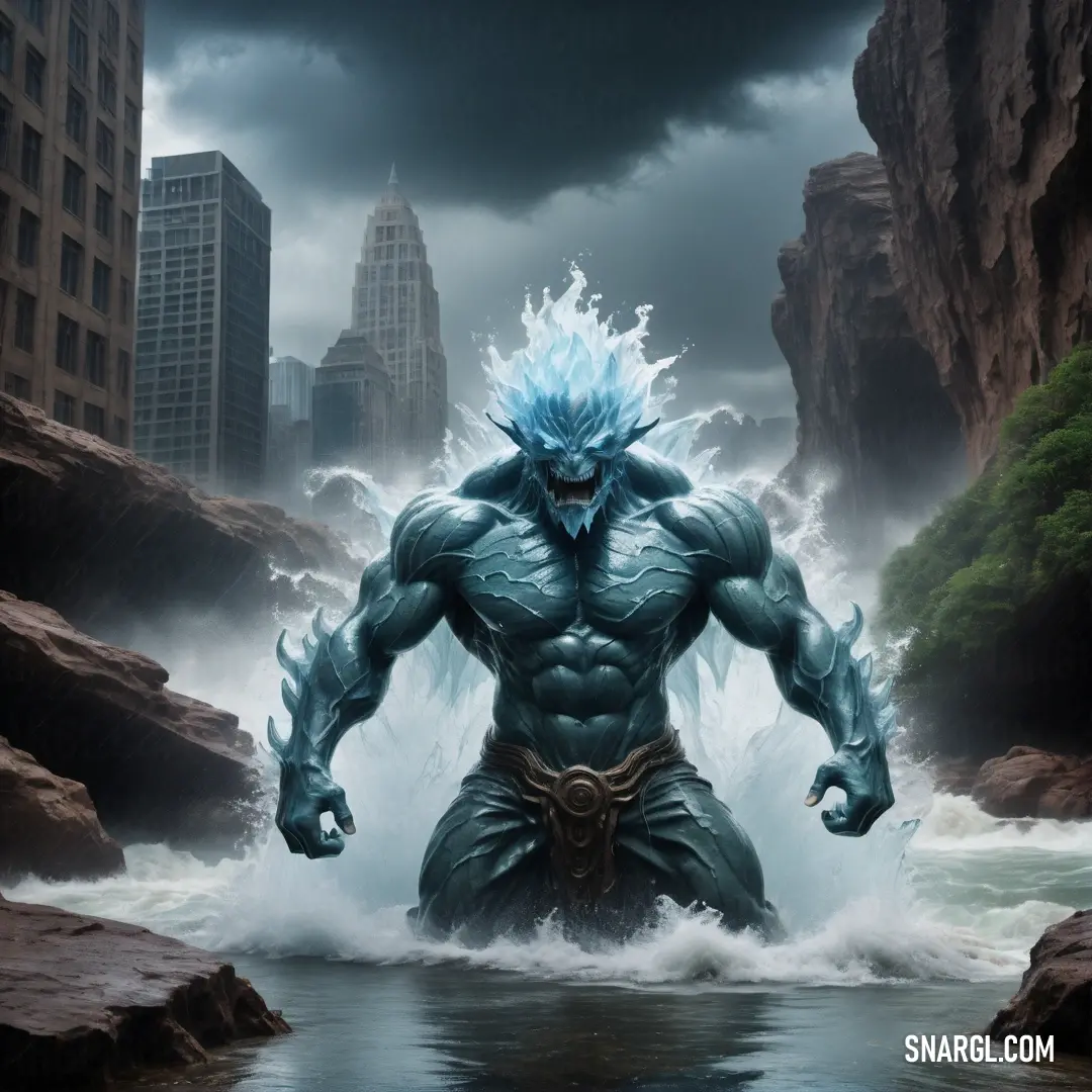 Water elemental with blue hair standing in a river with a city in the background and a giant body of water