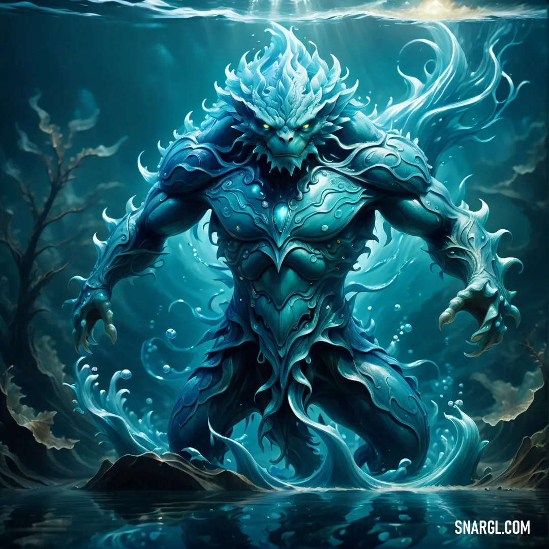 Painting of a Water elemental with a demon like body and head, standing in the water