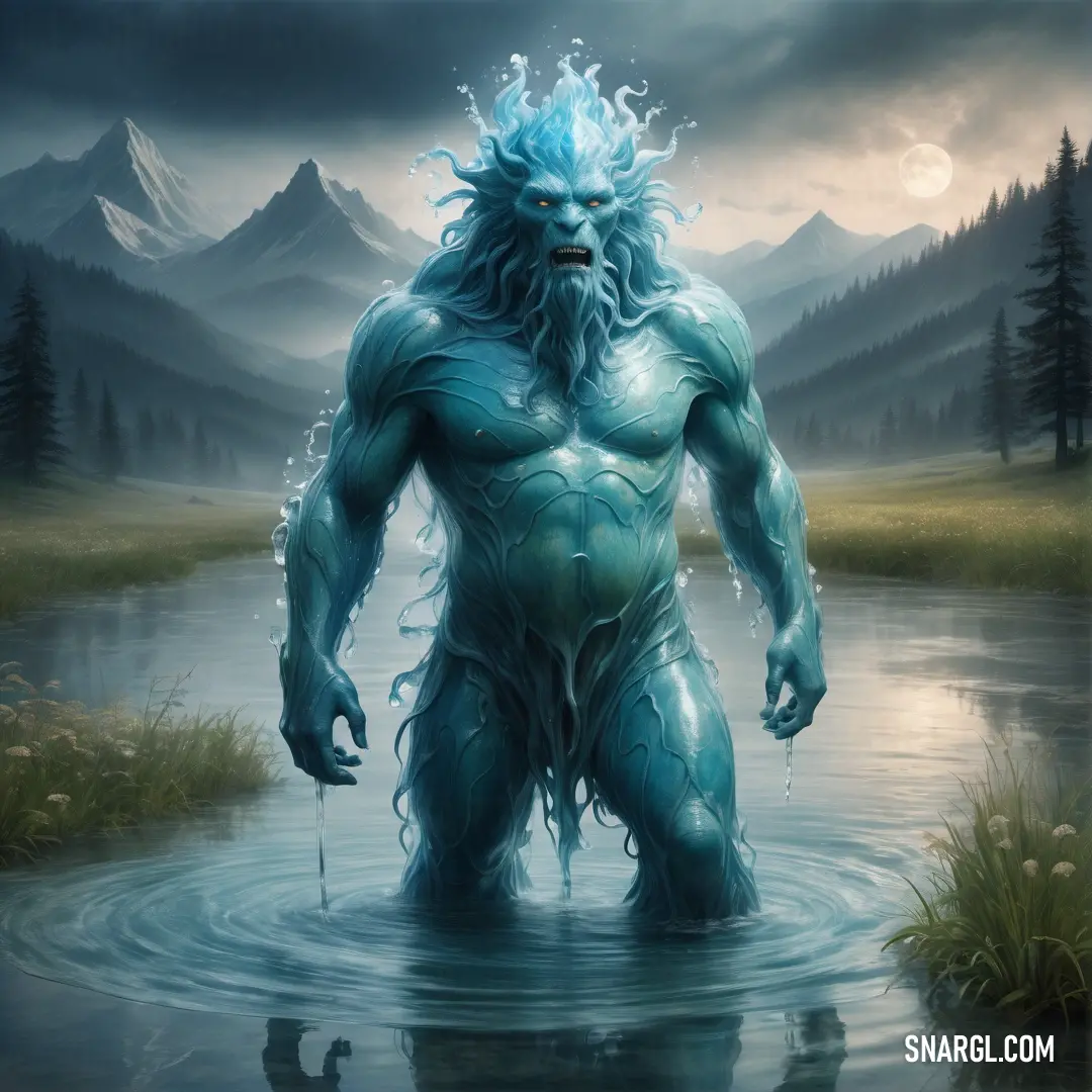 Painting of a Water elemental in the water with a mountain in the background