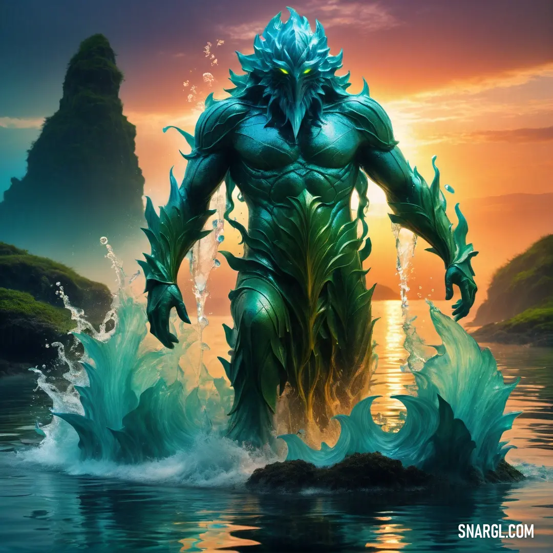 Painting of a Water elemental with a body of water in front of a sunset and a mountain in the background