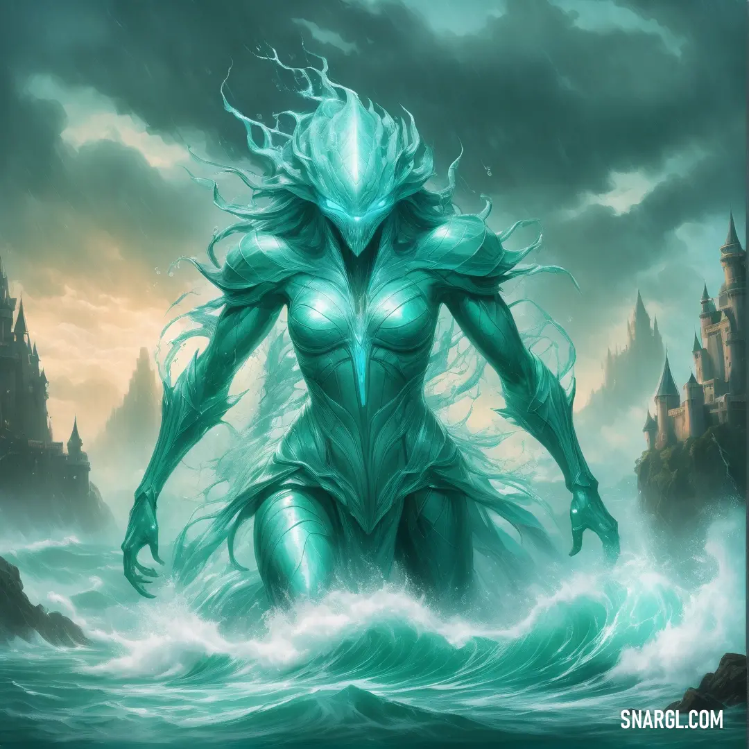 Painting of a female Water elemental in a green costume in a body of water with a castle in the background