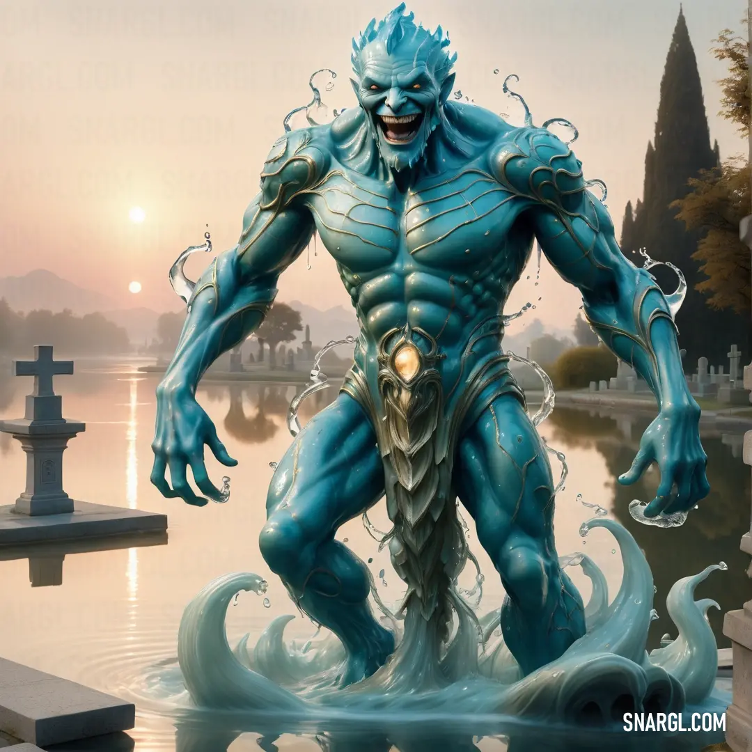 Statue of a Water elemental with a glowing eye and a body of water in front of a cemetery with a cross
