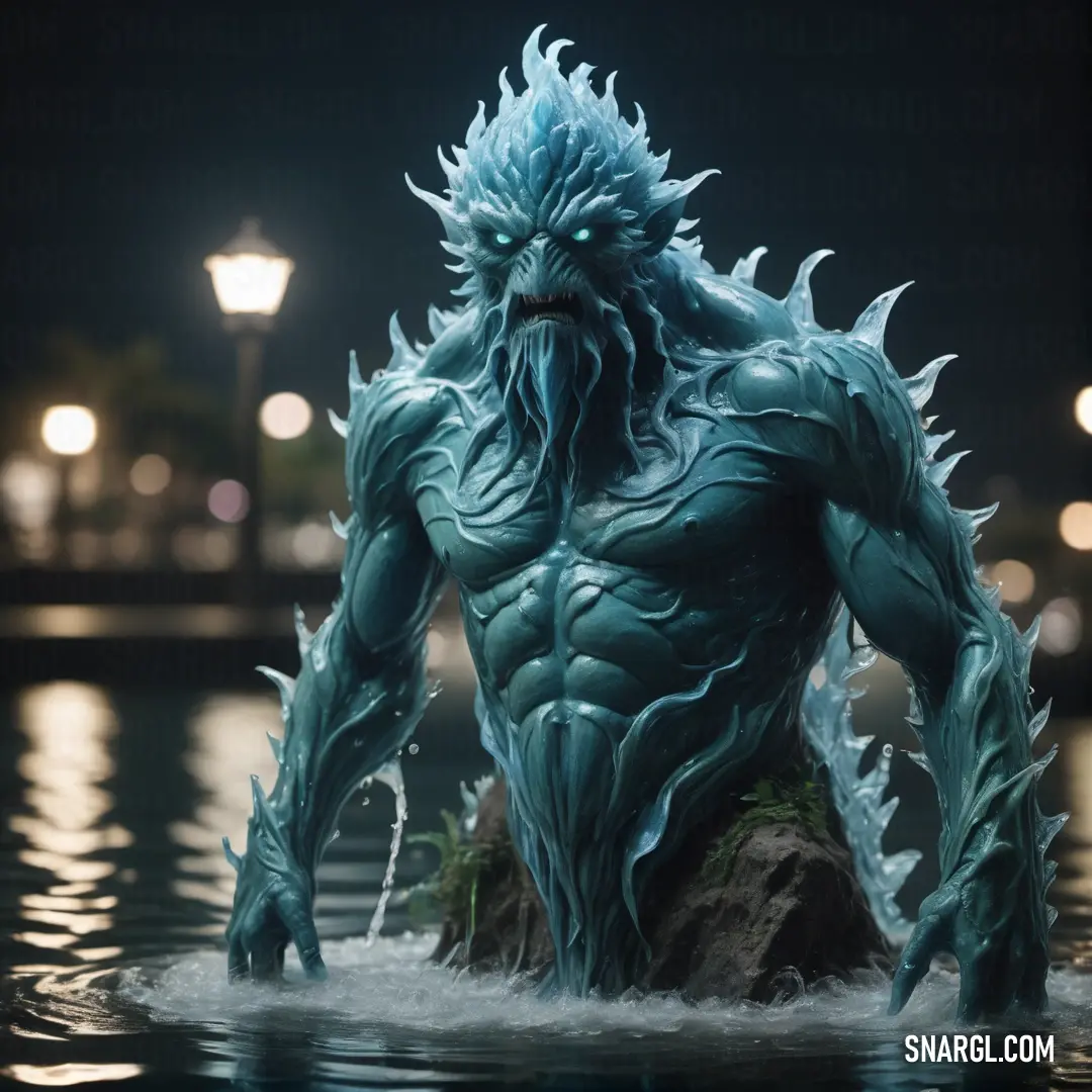 Statue of a Water elemental in the water at night time with a street light in the background