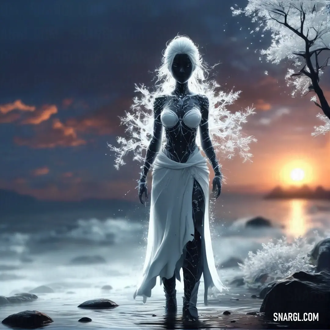 Water elemental in a white dress standing in the water at sunset with a tree in the background