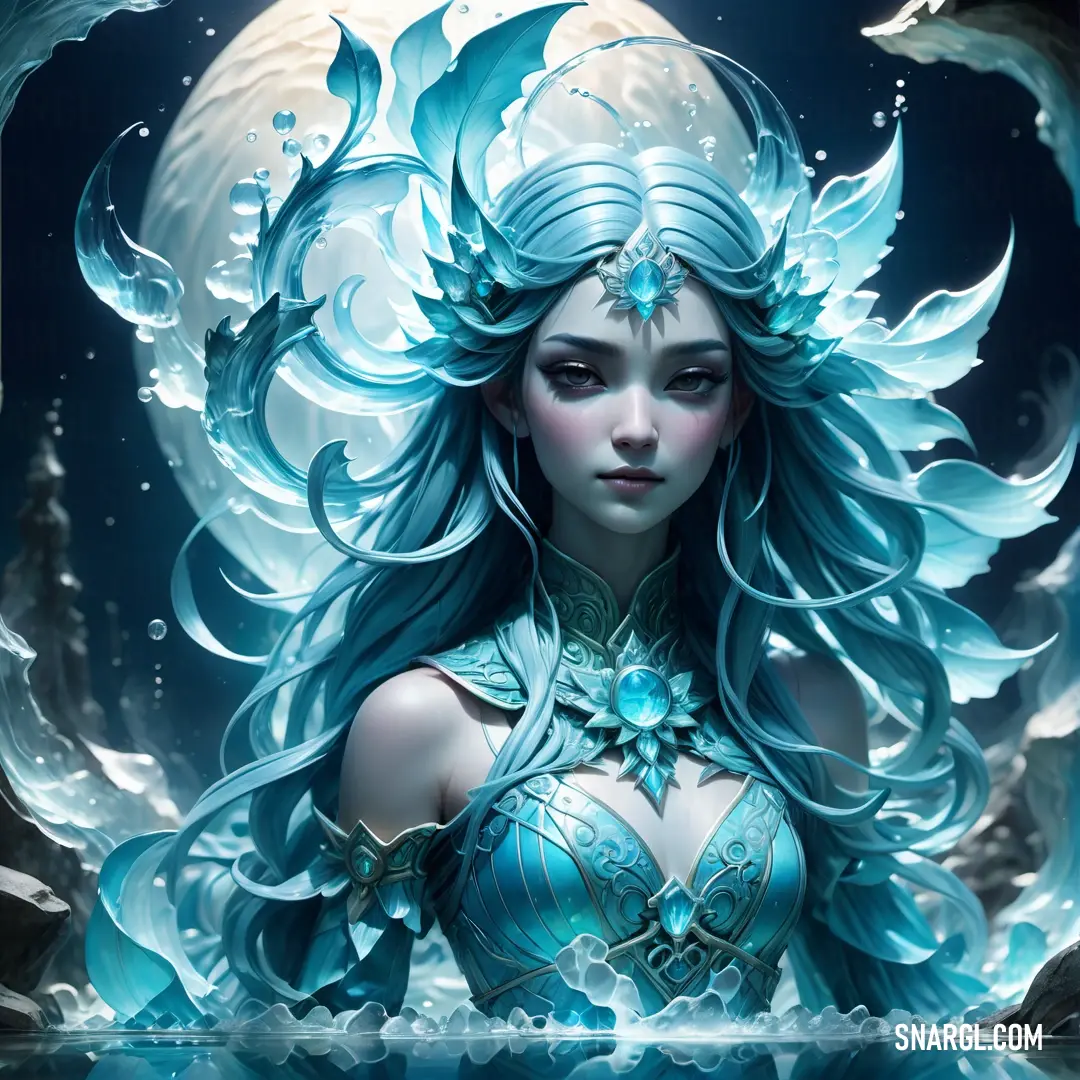 Water elemental with blue hair and wings standing in front of a moon and water background with a moon behind her