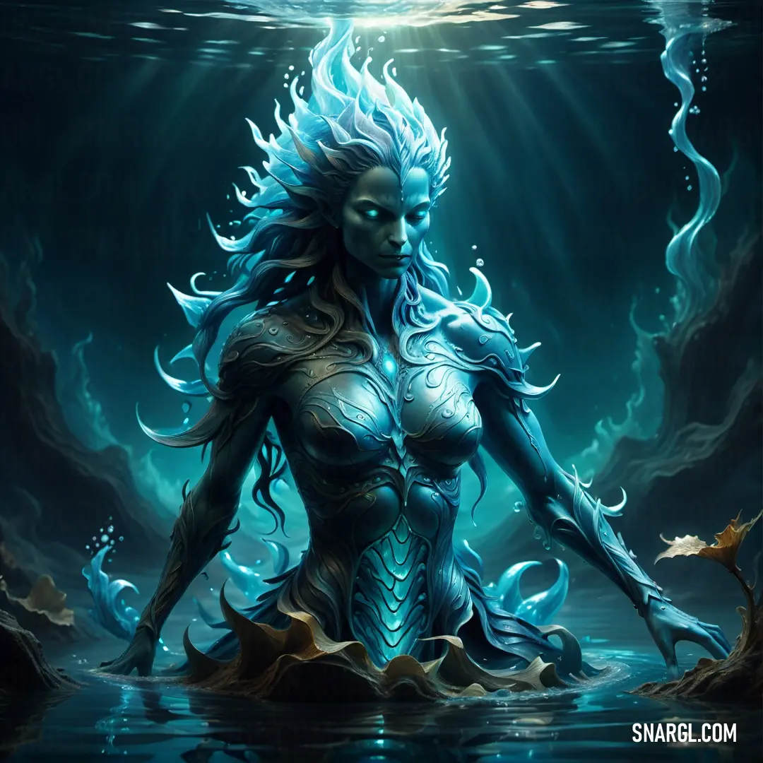 Water elemental with blue hair and a body of water in her hands