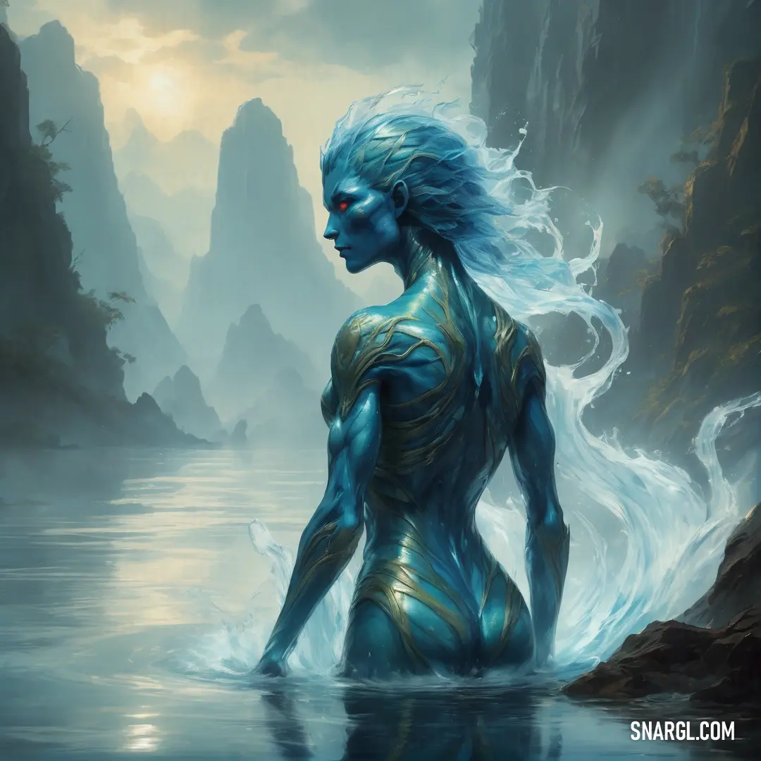 Water elemental with blue hair and a body of water in a body of water with rocks and mountains in the background
