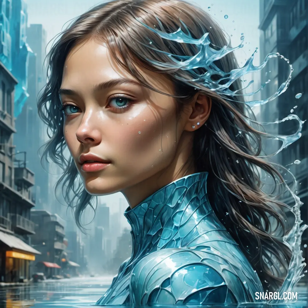Water elemental with long hair standing in the water in a city street with buildings and buildings behind her