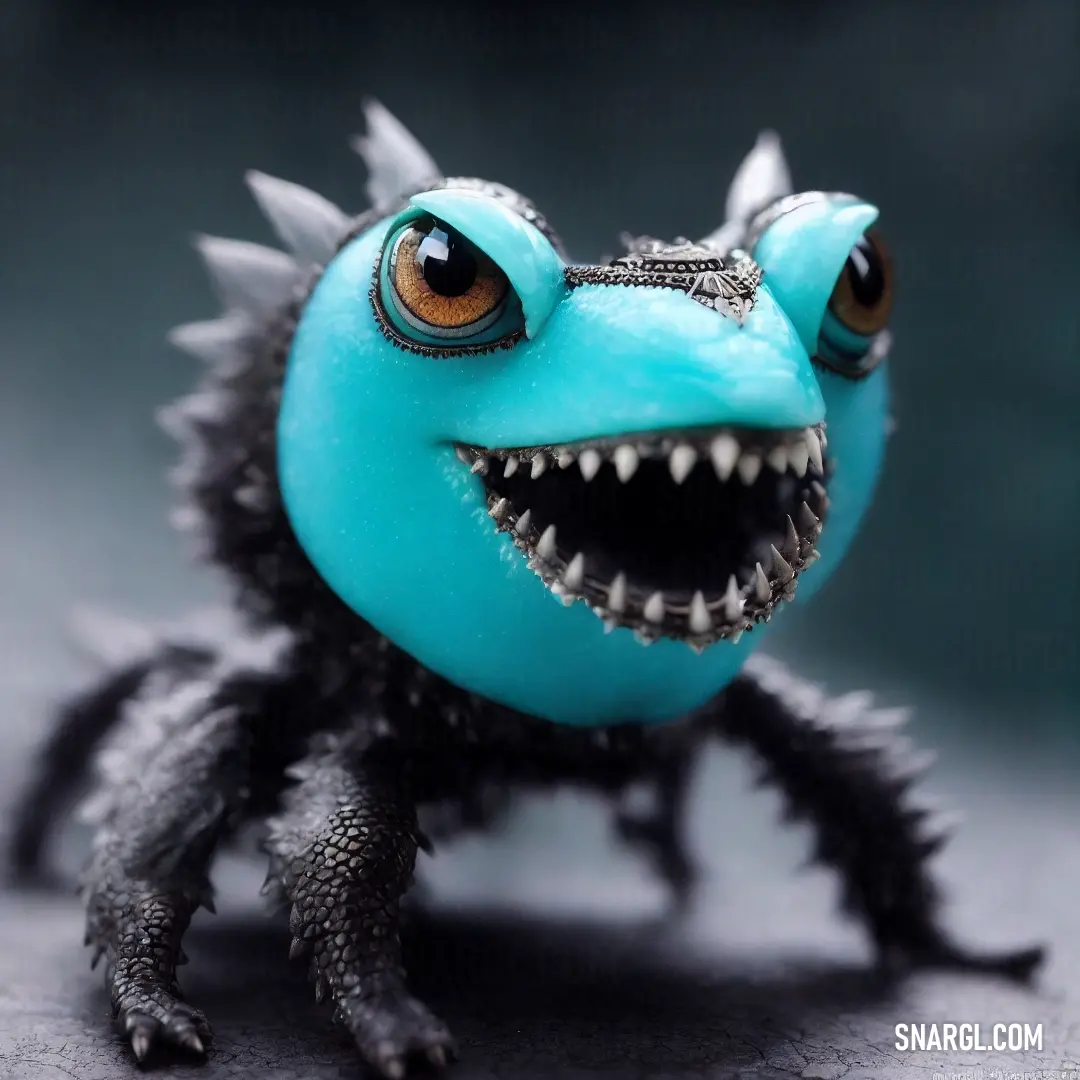 Blue toy with spikes on its head and eyes and a mouth with teeth