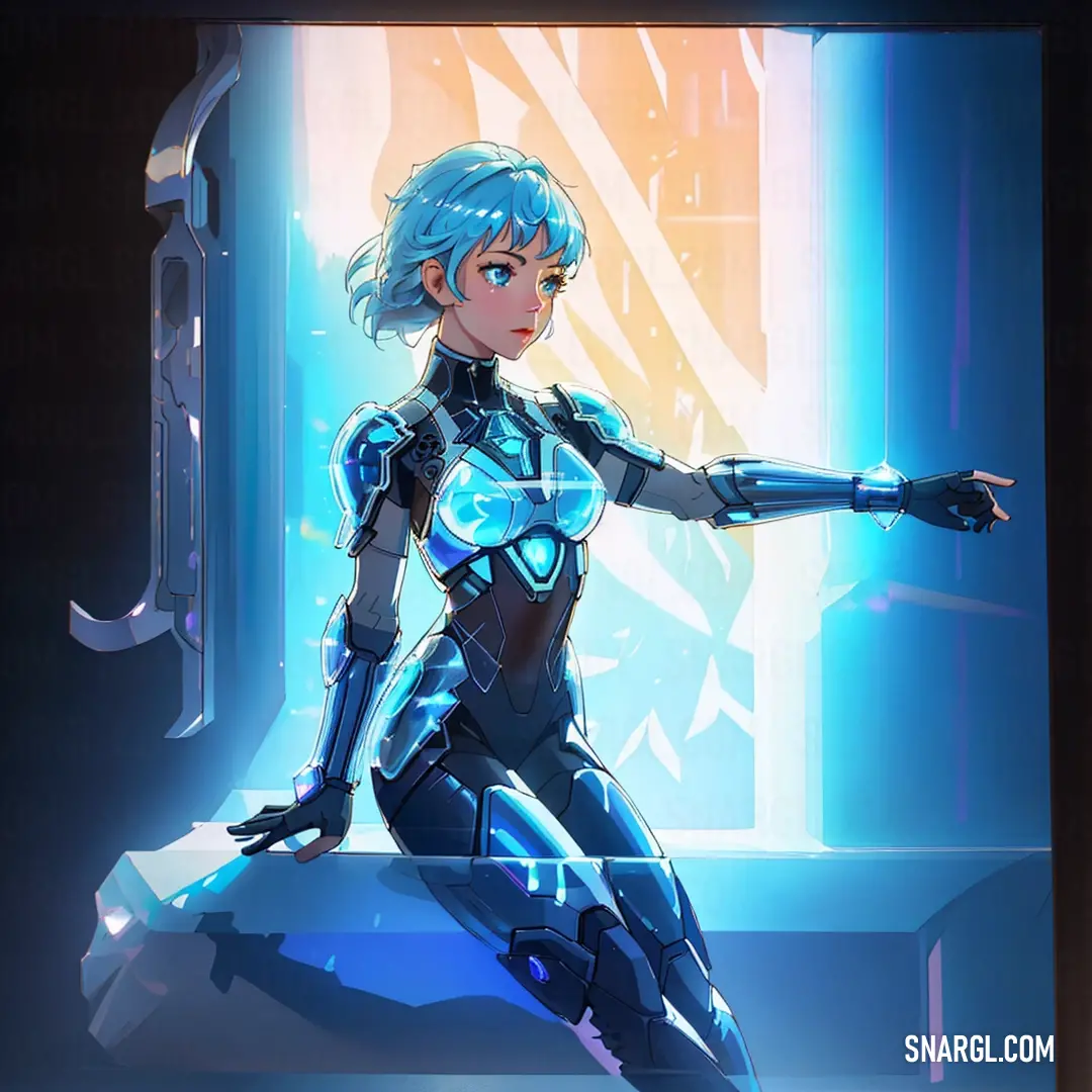 Woman in a futuristic suit is holding a gun and pointing at something in the distance with a blue background. Example of #00FFFF color.
