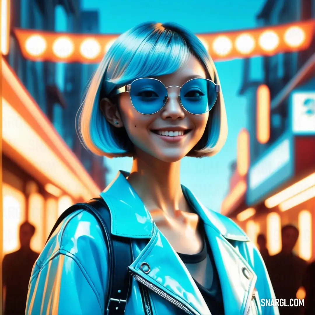 Waterspout color example: Woman with blue hair and sunglasses is smiling at the camera in a city street at night with neon lights