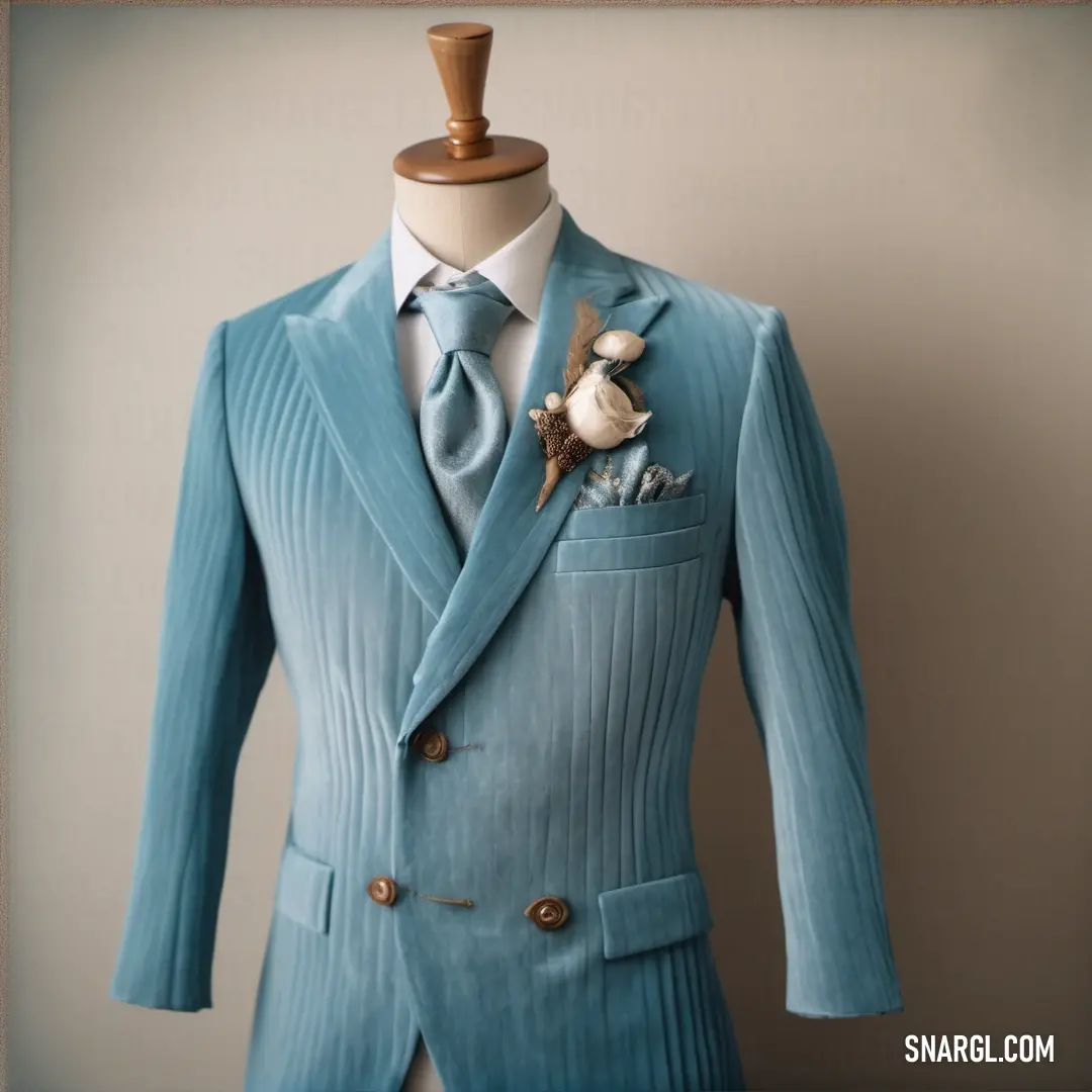 Blue suit with a flower on the lapel and a white shirt and tie on a mannequin