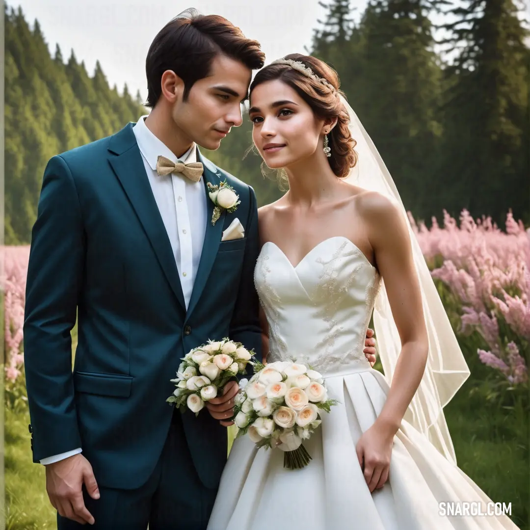 Bride and groom posing for a picture in front of a field of flowers and trees with a mountain in the background