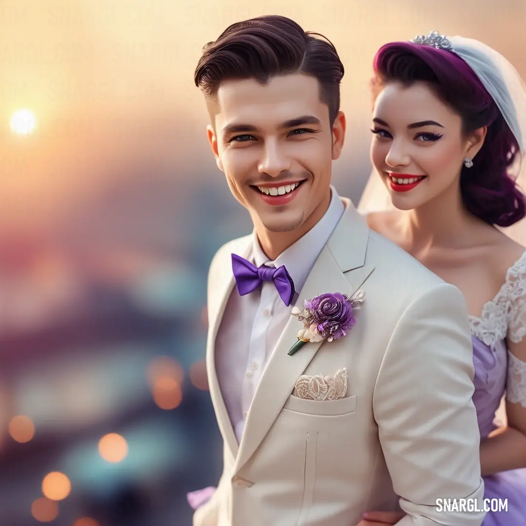 Man and woman in wedding attire posing for a picture together in front of a city skyline at sunset