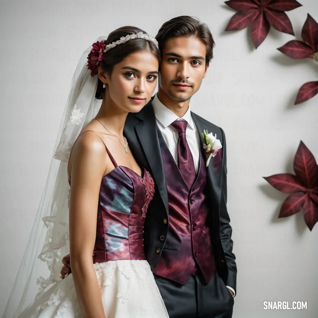Man and woman in wedding attire posing for a picture together in front of a wall with flowers and leaves
