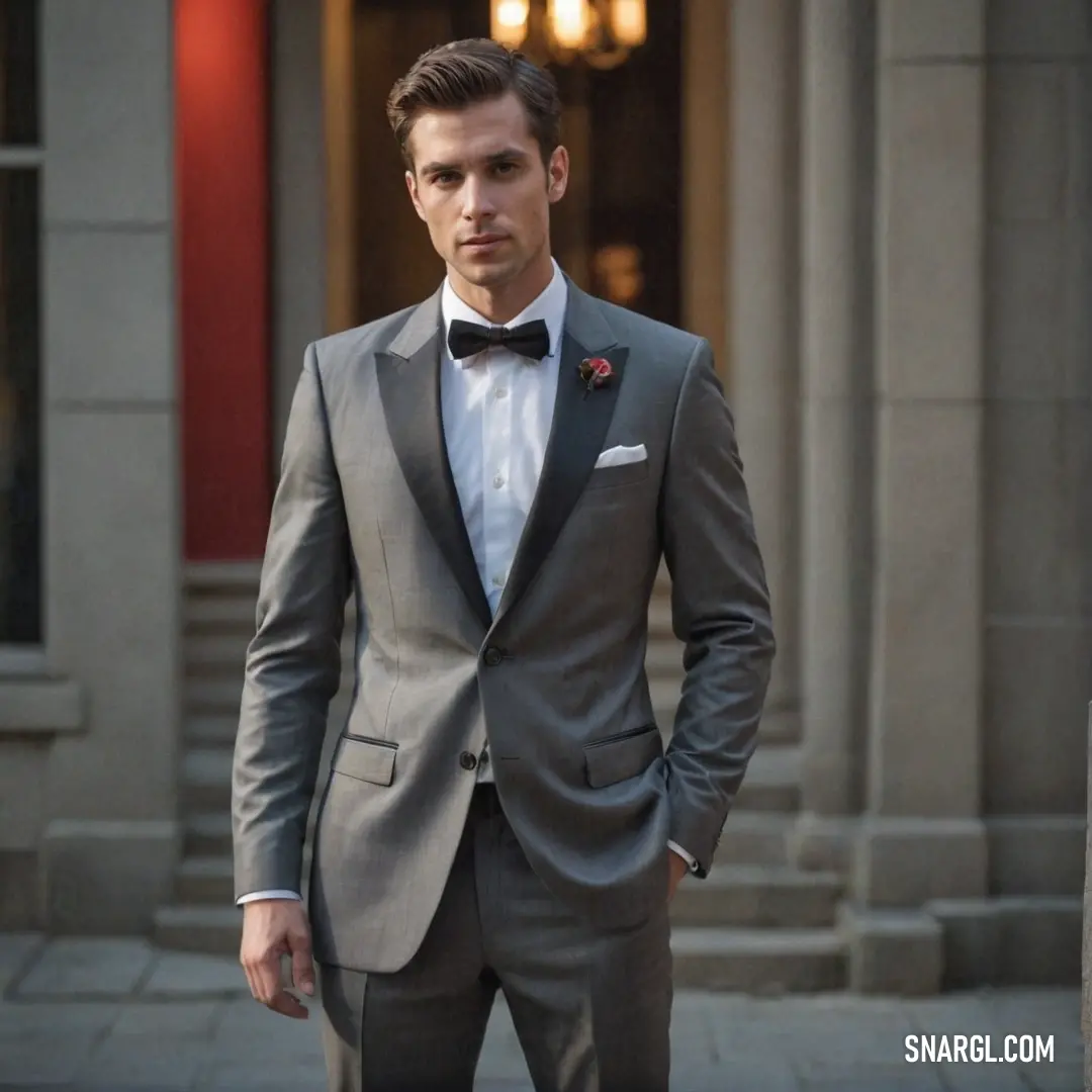 Man in a suit and bow tie standing outside a building with a red door behind him