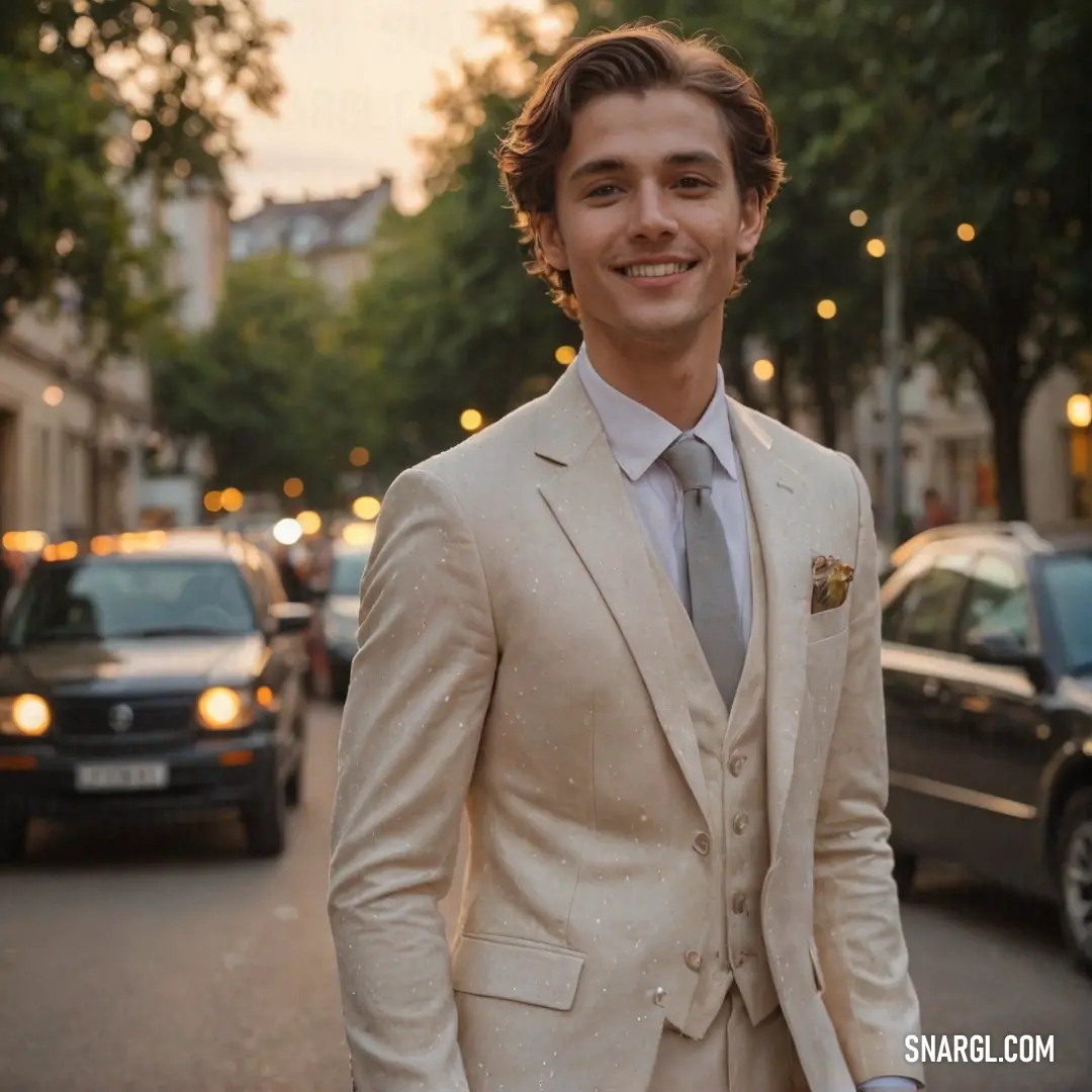 Man in a suit and tie standing on a street corner smiling at the camera with cars in the background