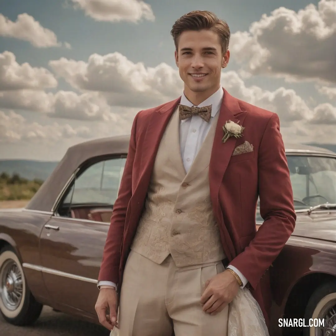 Man in a suit standing next to a car wearing a bow tie and a boutonniere