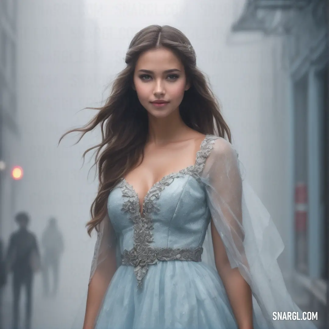 Woman in a blue dress is walking down a street with a veil on her head