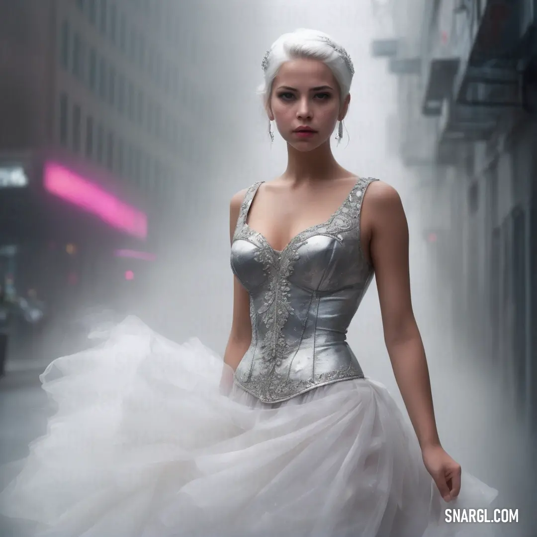 Woman in a silver and white dress is standing in the street in a foggy city street light