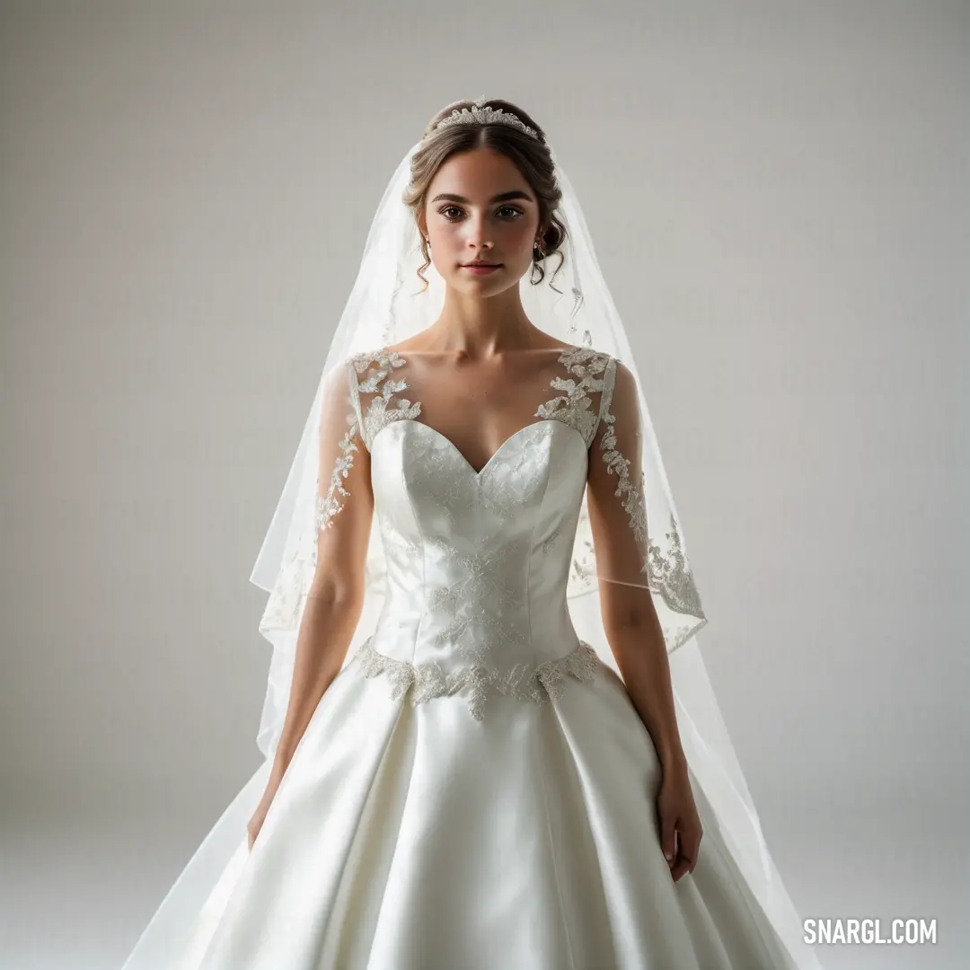 Woman in a wedding dress with a veil on her head and a dress on her shoulder with a flower