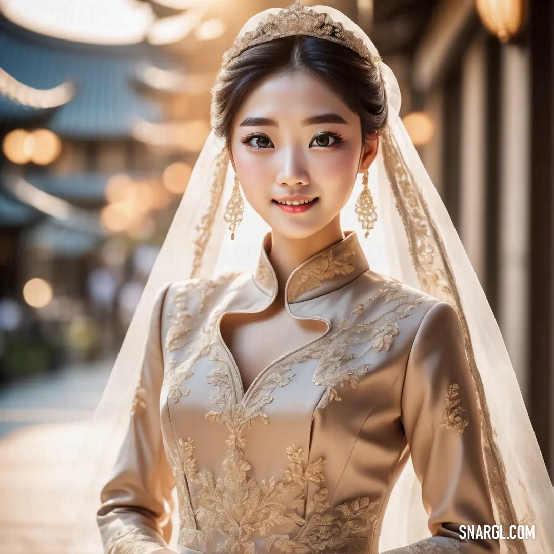 Woman in a wedding dress and veil posing for a picture in a city street at night time with lights in the background