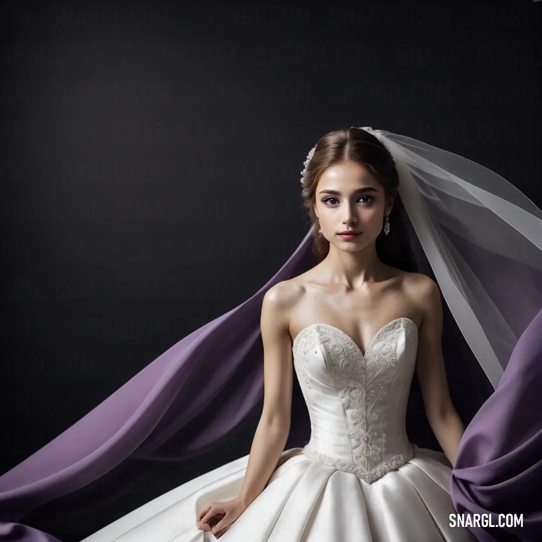 Woman in a wedding dress with a veil over her head and a purple dress on her shoulder