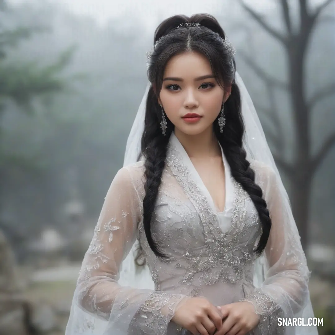 Woman in a wedding dress with a veil on her head and a tree in the background