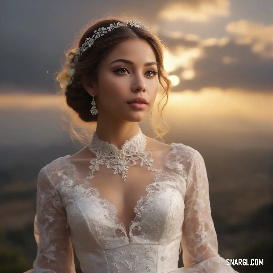 Woman in a wedding dress with a tiara on her head and a cloudy sky in the background