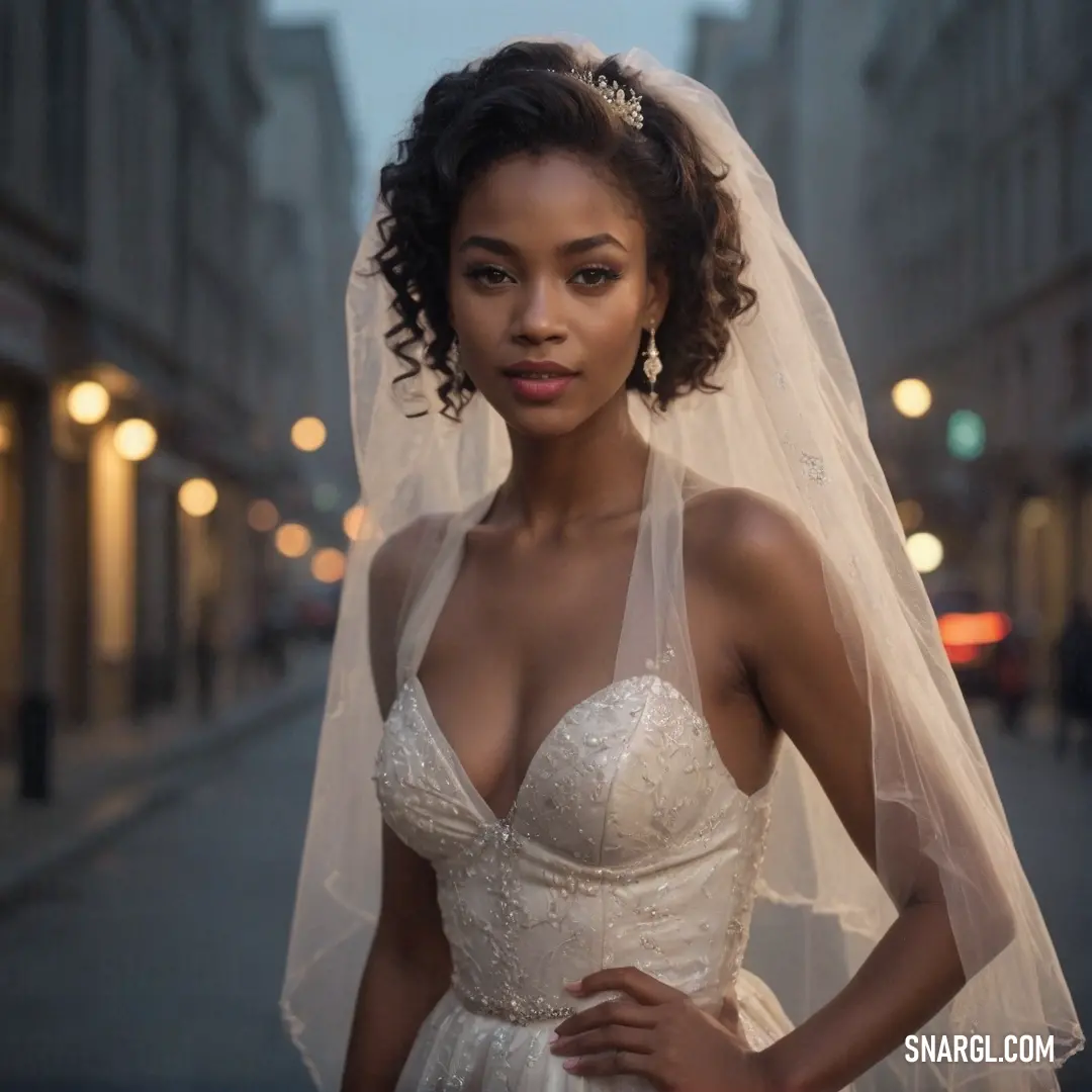 Woman in a wedding dress posing for a picture on a street corner with a veil on her head