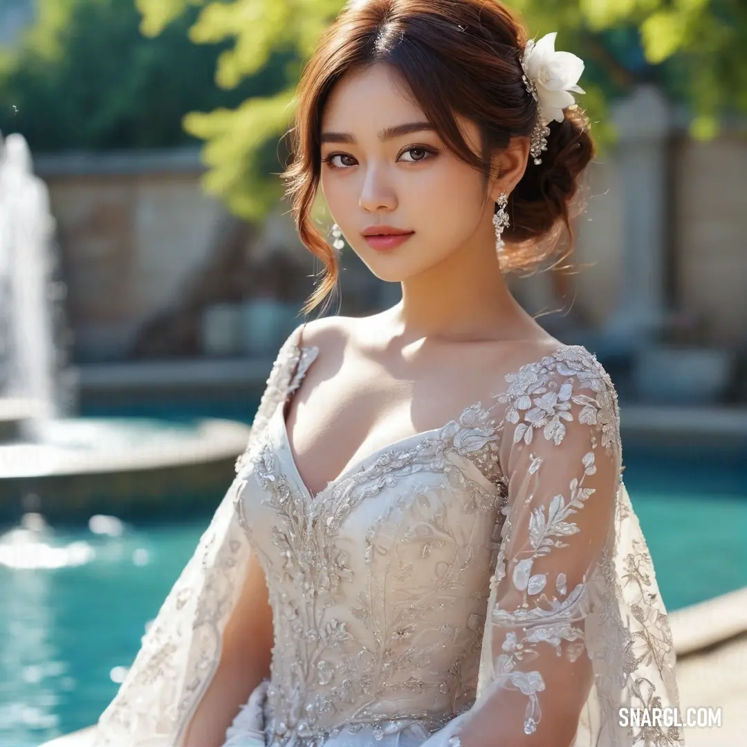 Woman in a wedding dress standing in front of a fountain wearing a flower in her hair and a veil