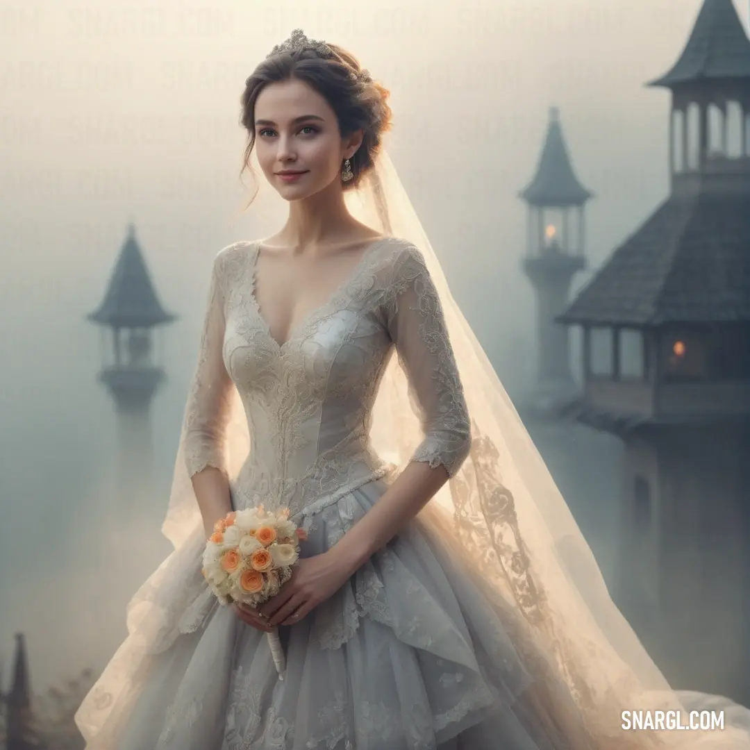 Woman in a wedding dress standing in front of a castle with a veil on her head