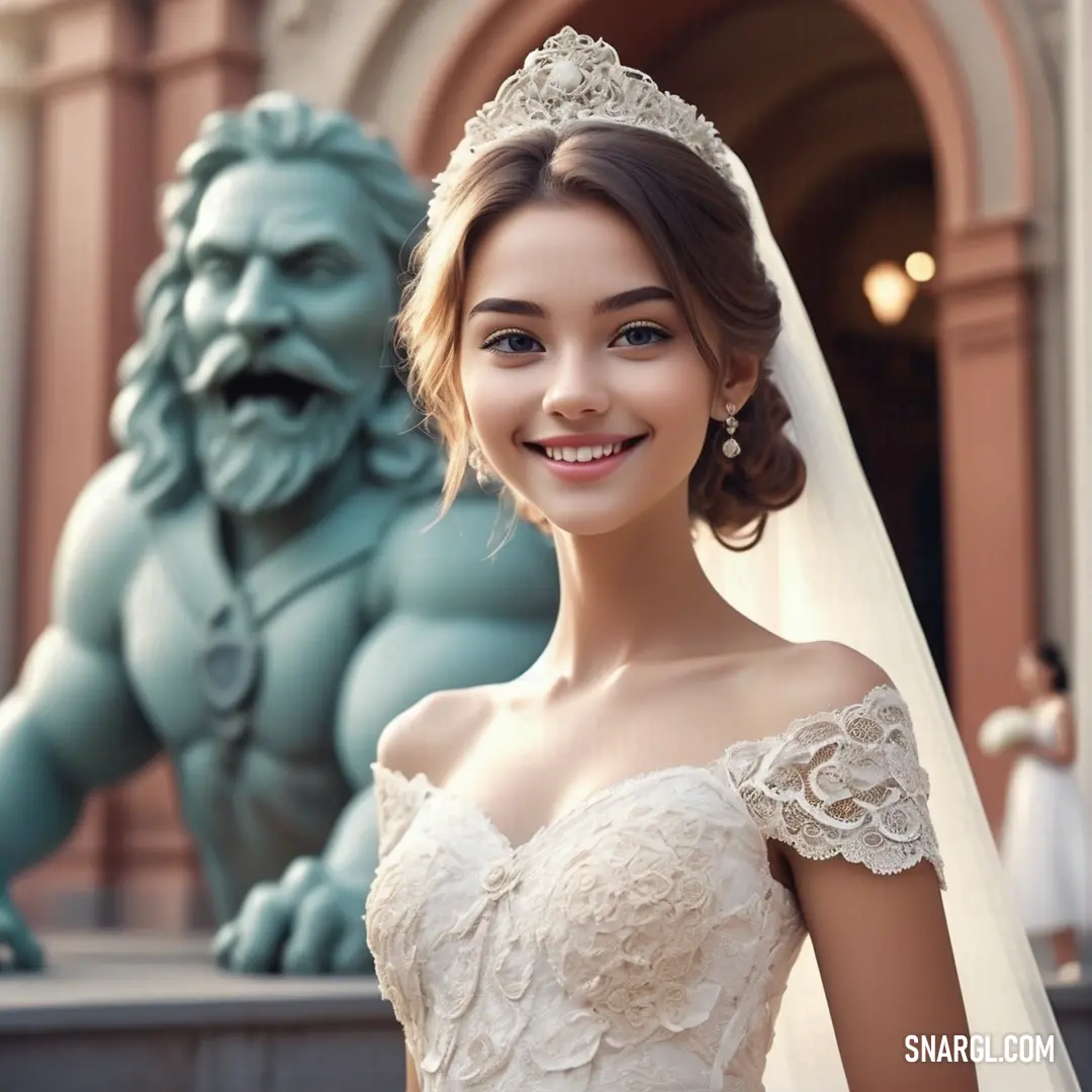 Woman in a wedding dress standing in front of a statue of a lion and a bride wearing a veil