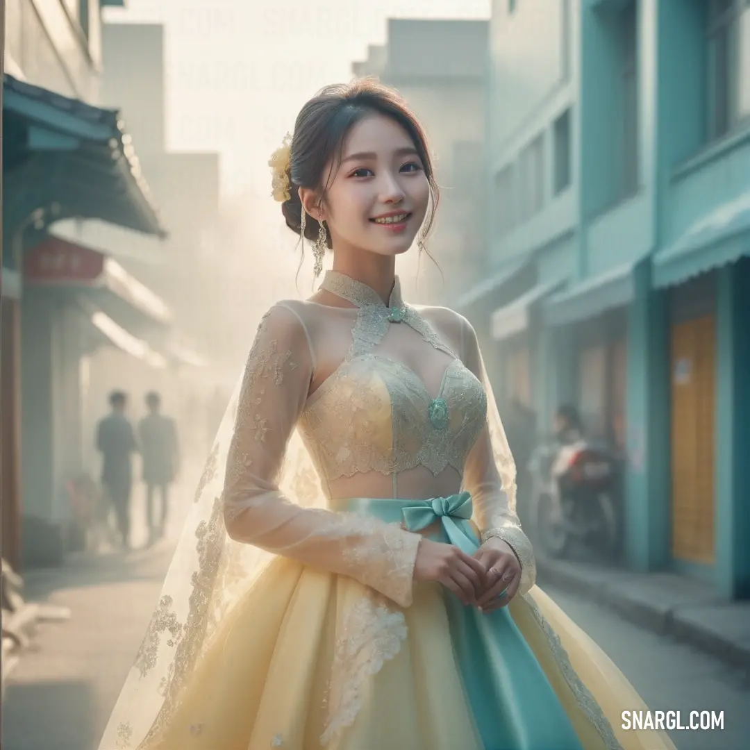 Woman in a yellow dress standing on a street corner with a blue ribbon around her neck