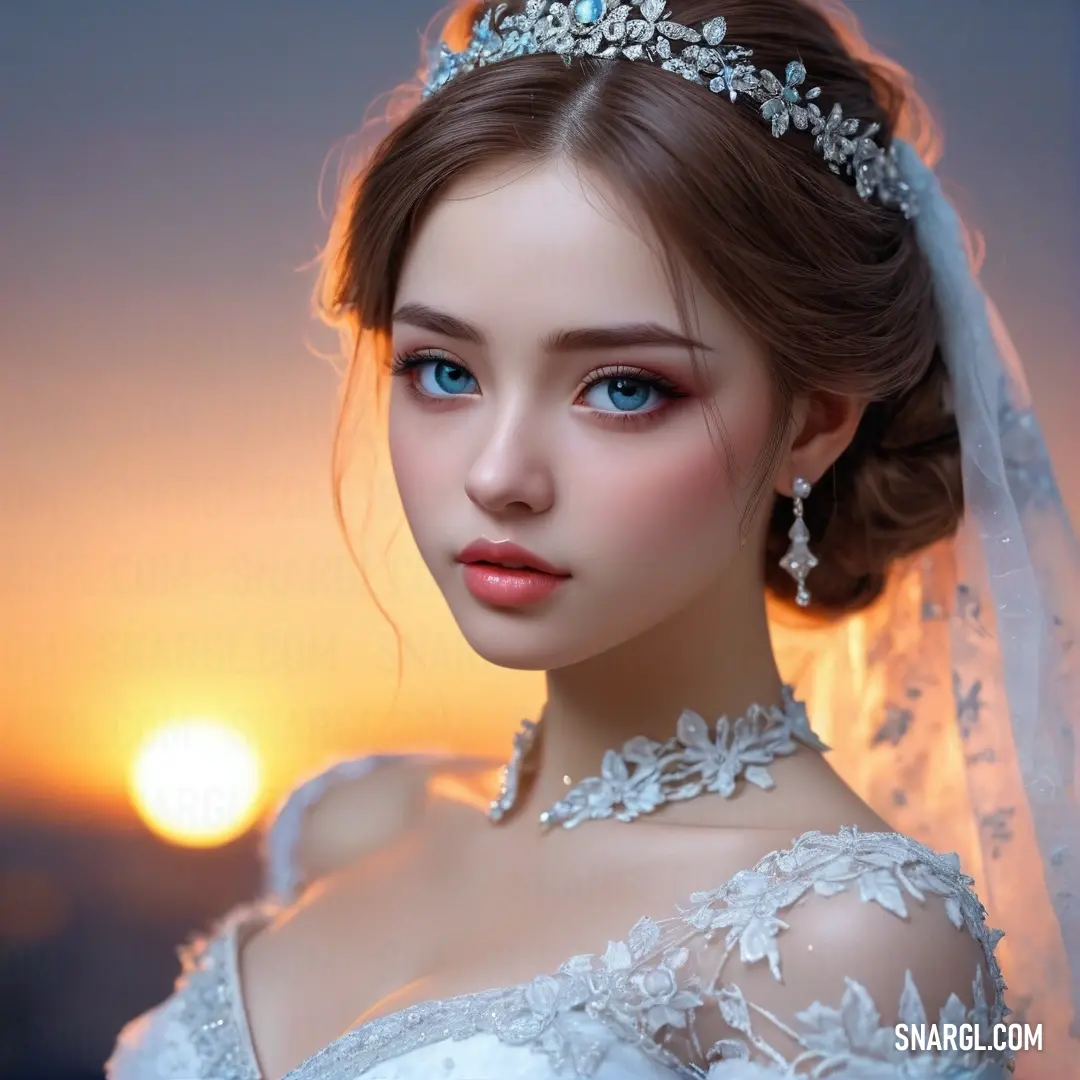 Woman wearing a wedding dress and a tiara with a veil on her head and a sunset behind her