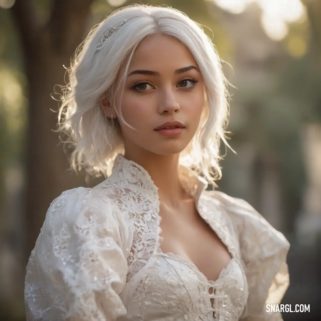 Woman with white hair and a white dress is posing for a picture in the sun light