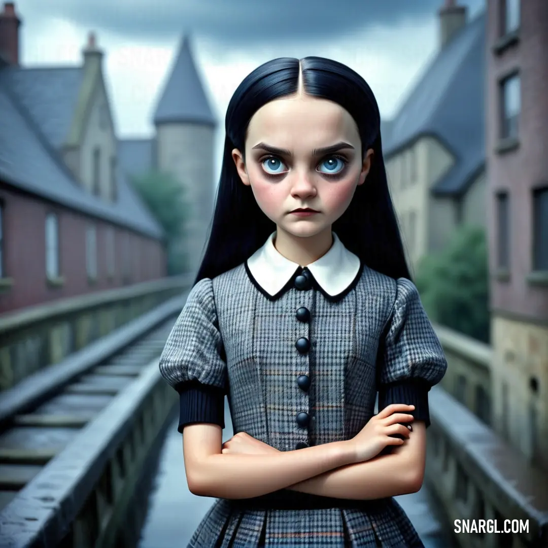 Cartoon girl with long hair and blue eyes standing in front of a train track with her arms crossed