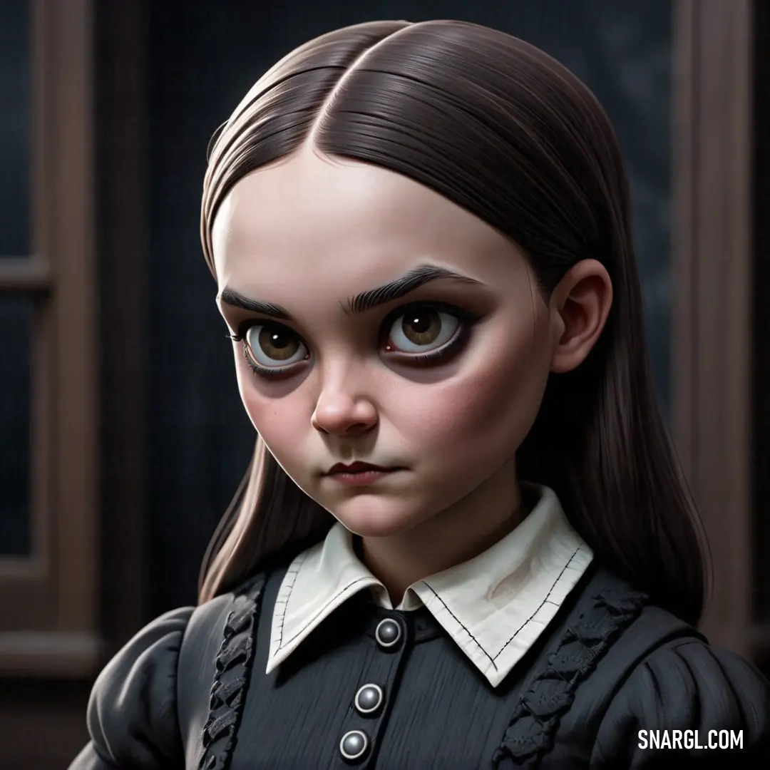 Cartoon girl with long hair and big eyes wearing a black dress and a white collared shirt