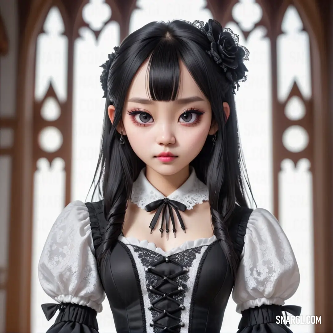 Doll is dressed in a black and white outfit and a black bow tie and a black