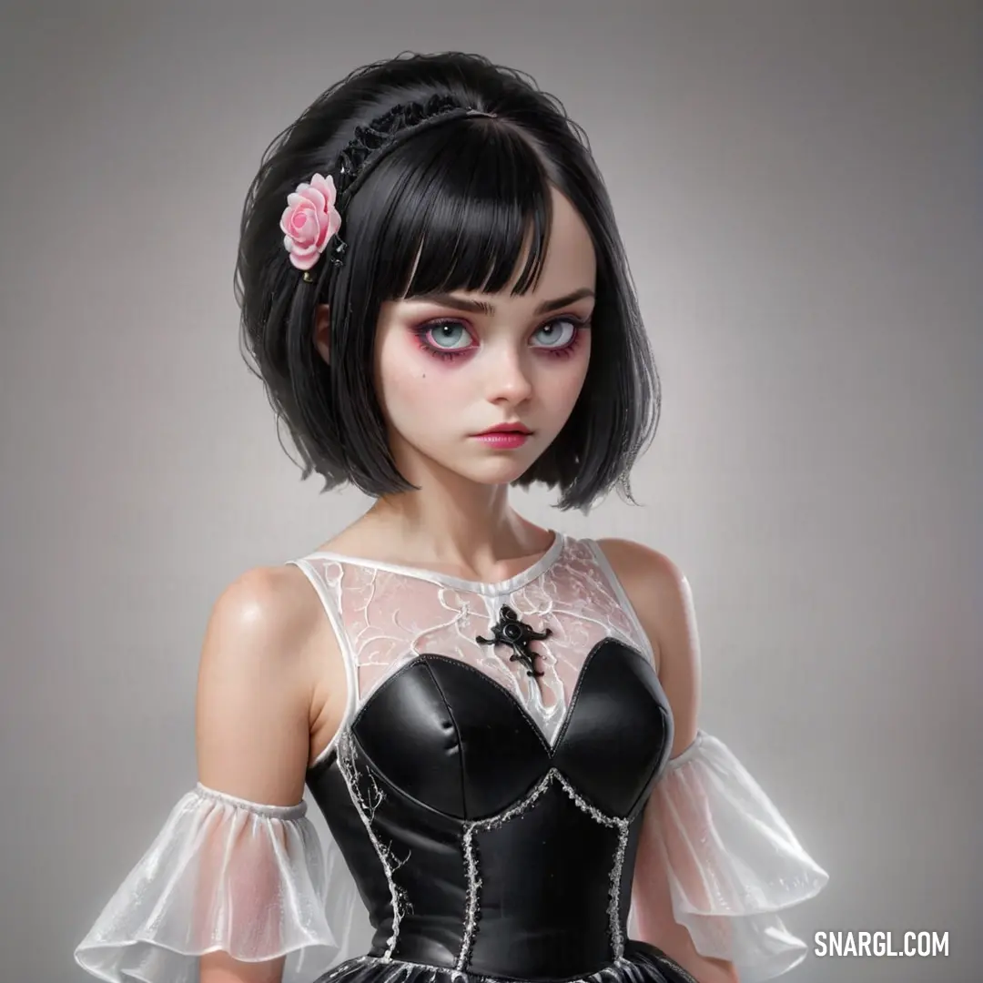 Doll with a black dress and a pink flower in her hair and a black dress with a white lace