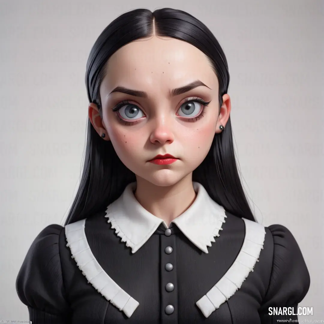 Doll with a black dress and white collared shirt and a red lip and eyeliners