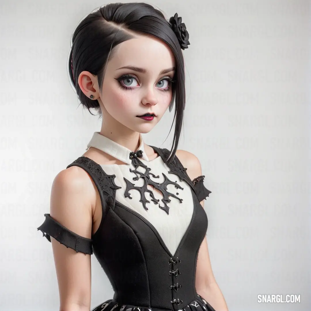 Doll with a black and white dress and a black bow in her hair and a black