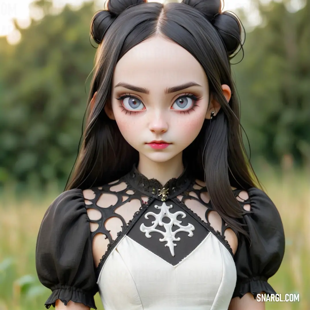 Doll with a black and white dress and a black bow on her head and a black