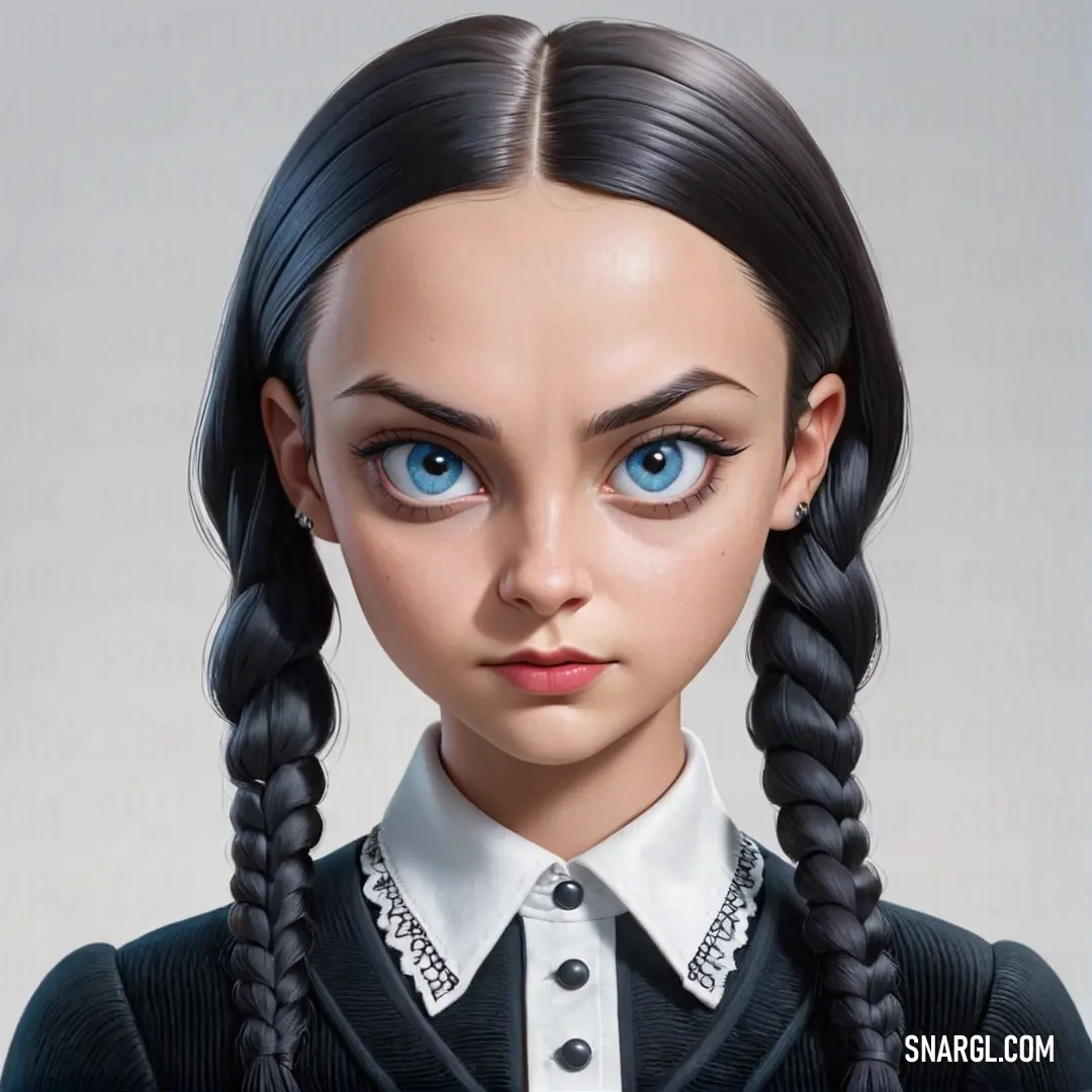 Doll with a long black hair and blue eyes wearing a black sweater and white shirt