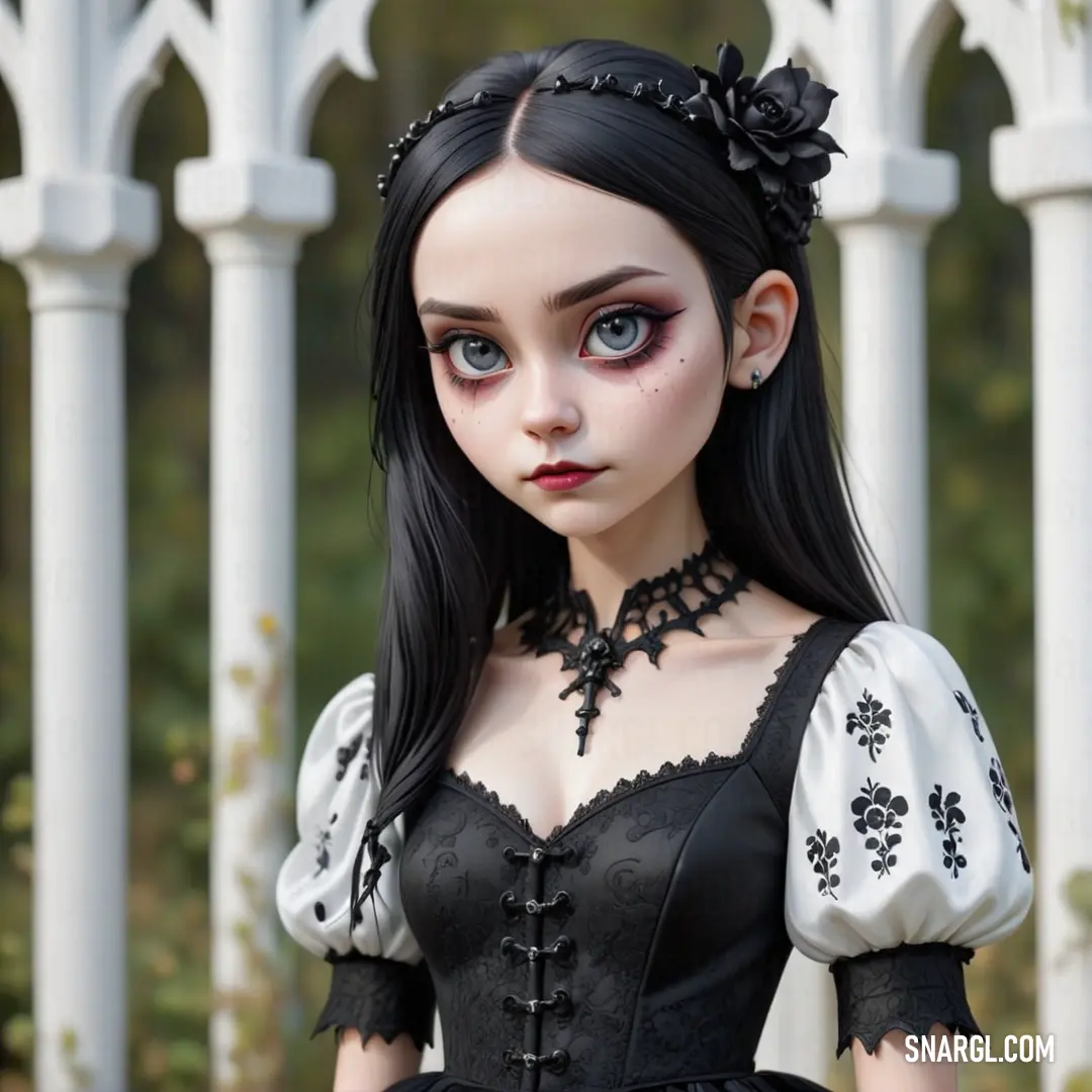 Doll with black hair and a black dress with white laces and flowers on it's shoulders