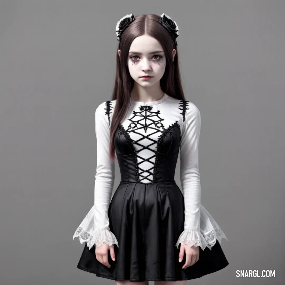 Girl in a black and white dress with a gothic look on her face and hands