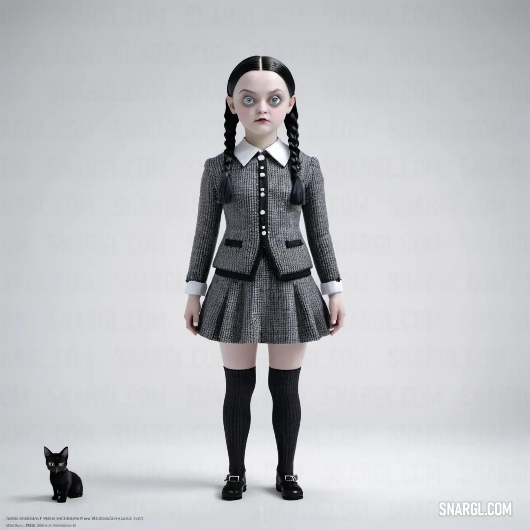 Girl in a dress and a cat are standing next to each other in a white background