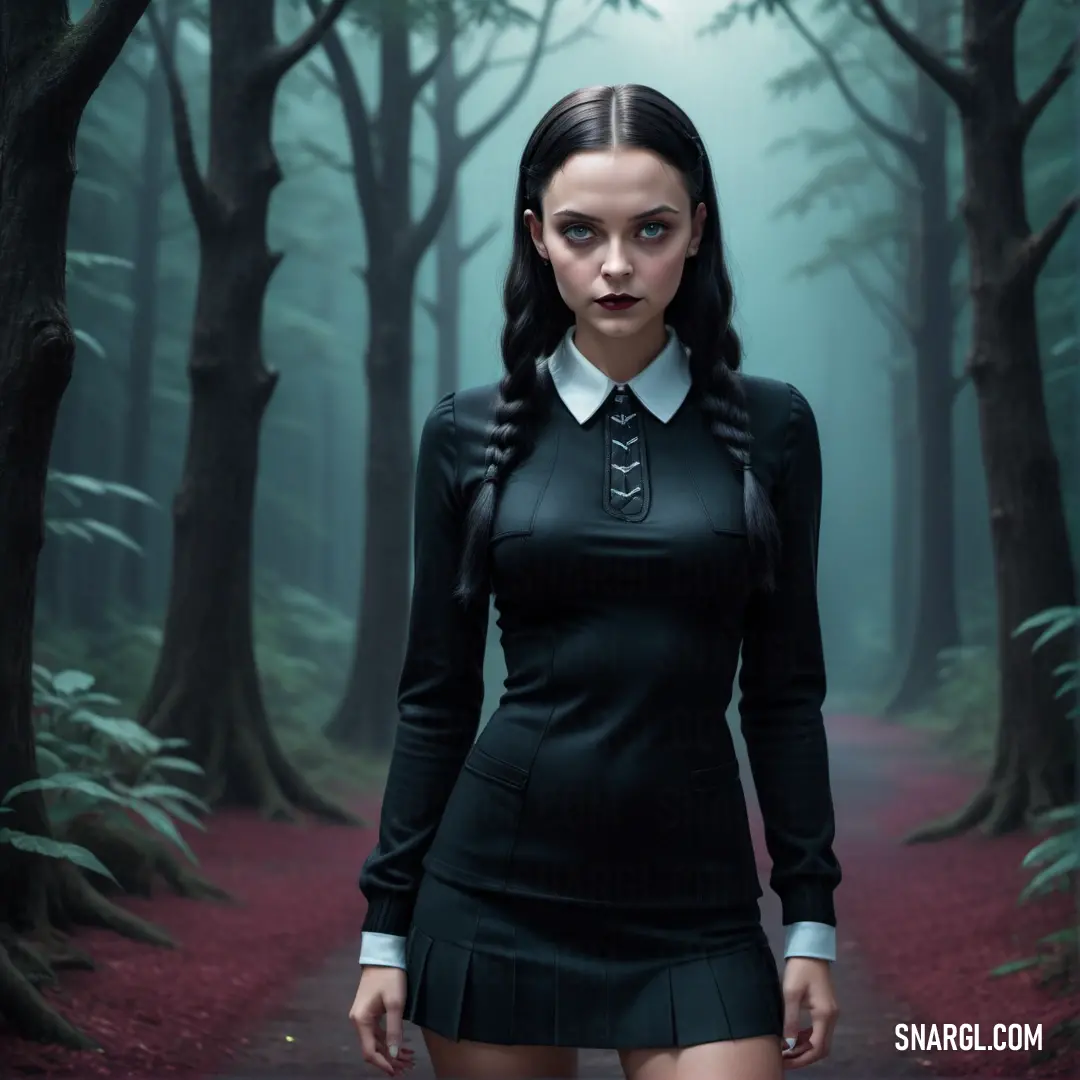 Woman in a black dress standing in a forest with trees and a path leading to a forest with a creepy looking face