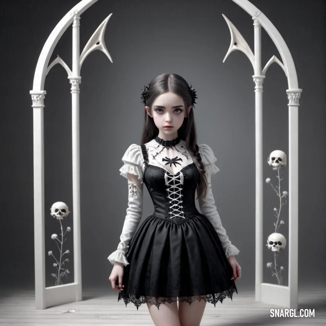 Woman in a black and white dress standing in front of a gothic arch with skulls on it