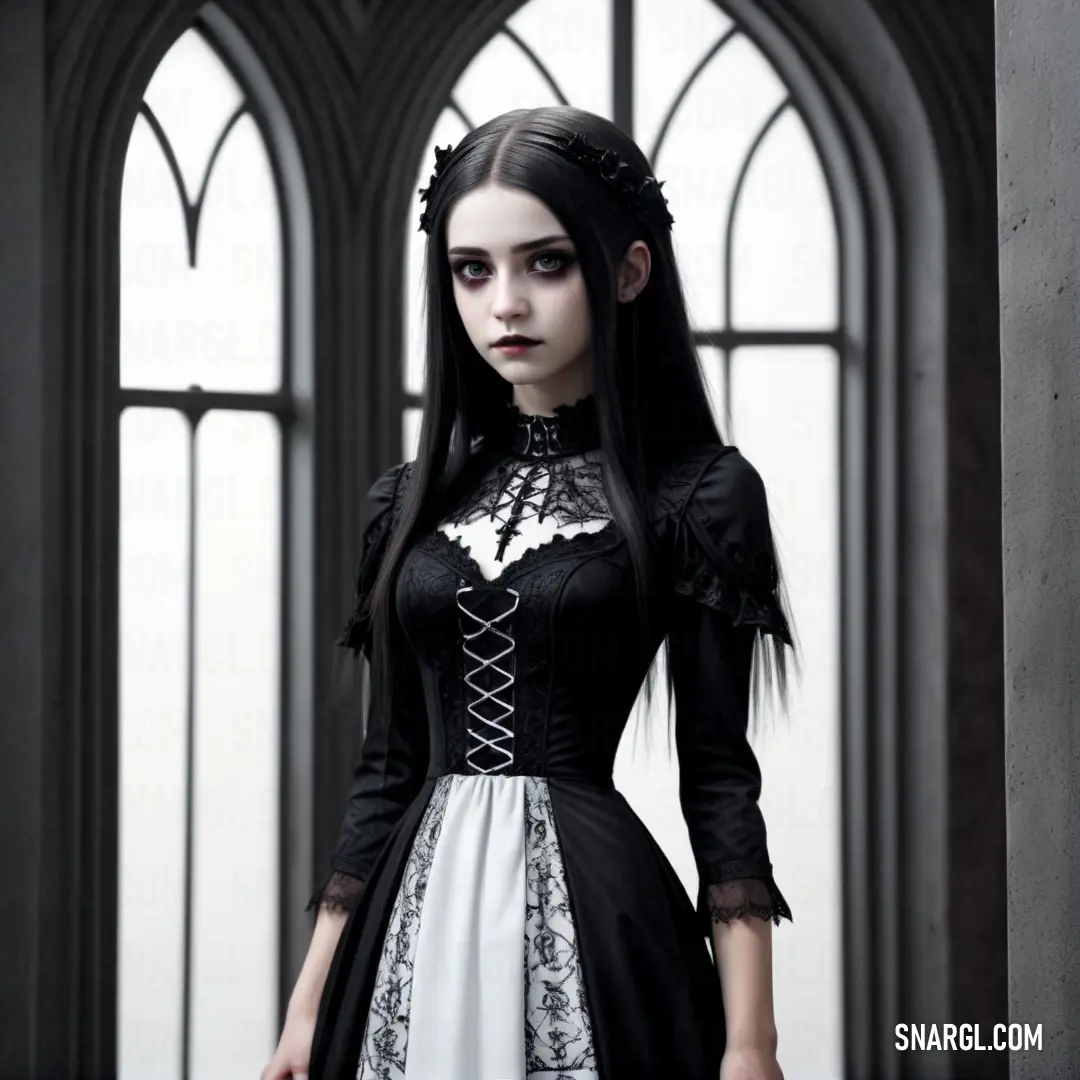 Woman in a gothic dress standing in front of a window with gothic gothic hair and makeup on her face